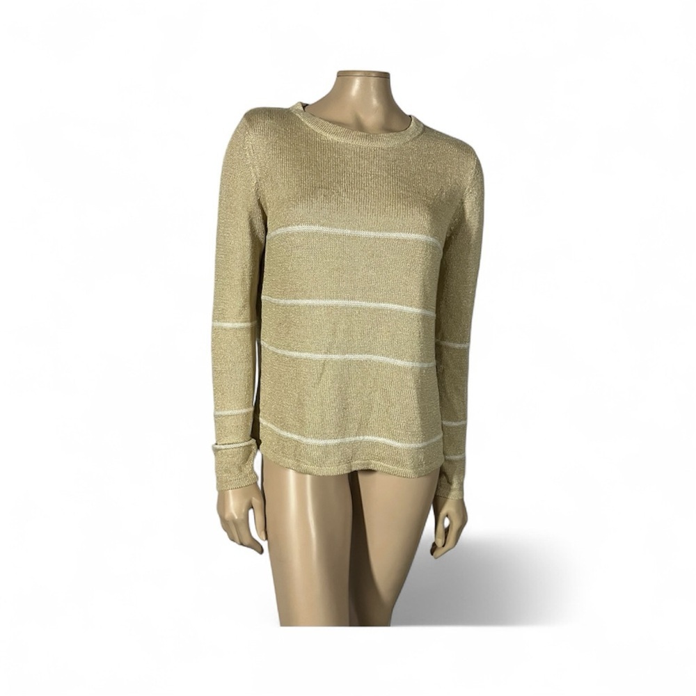 Kinross Beige Knit Linen Sweater with White Stripe Accents